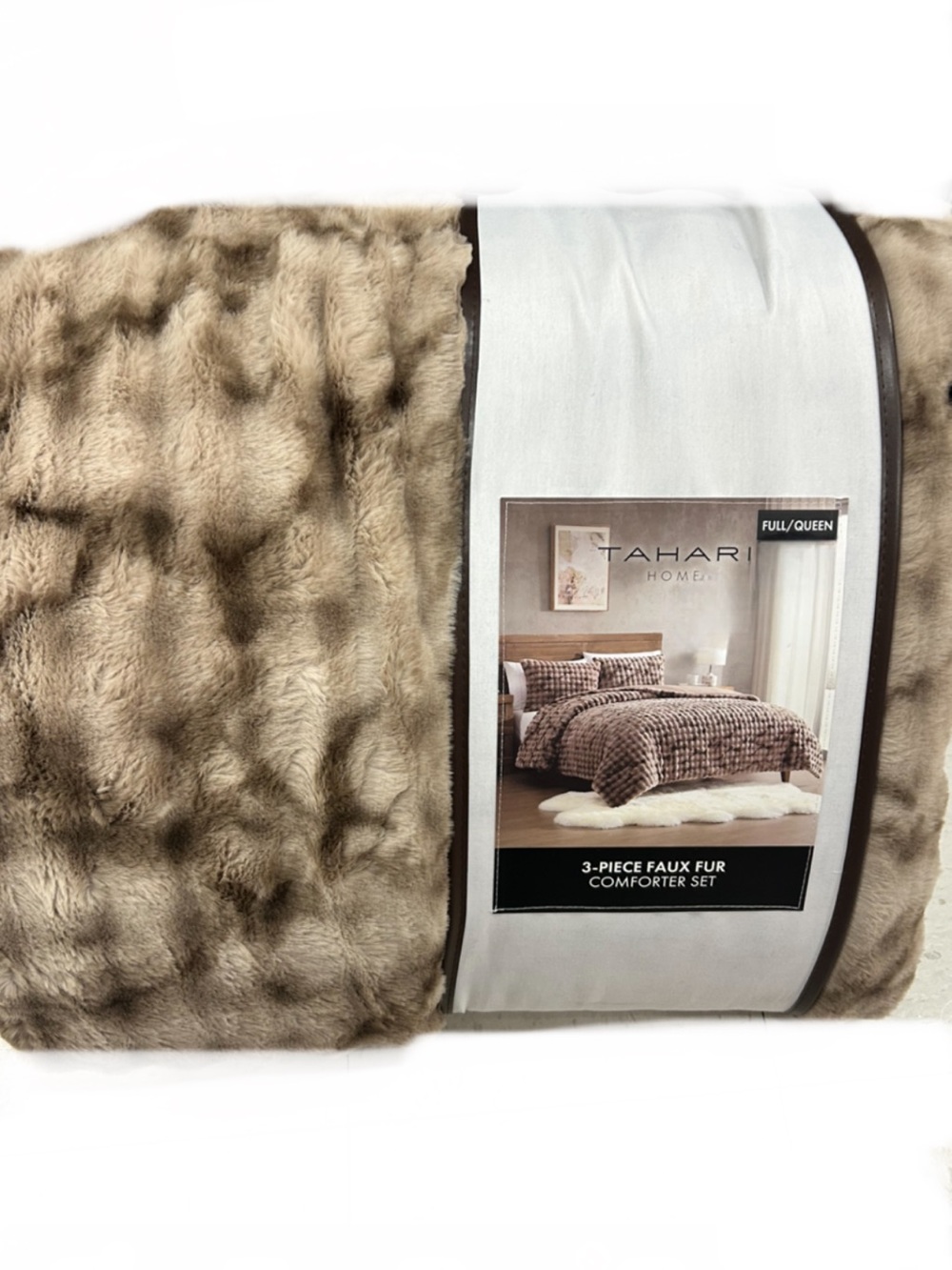 Tahari Brown and Taupe Faux Fur Full/Queen Comforter Set 90”x90”
